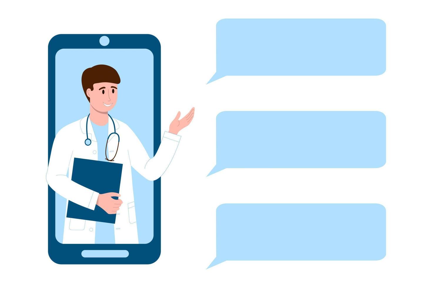 manlig terapeut ge medicinsk råd i meddelande bubblor från smartphone skärm. uppkopplad läkare, internet medicinsk service, telemedicin, uppkopplad sjukvård samråd vektor