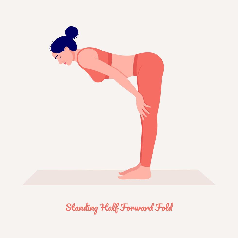 stående halv framåt- vika ihop yoga utgör. ung kvinna praktiserande yoga träning. kvinna träna kondition, aerob och övningar. vektor