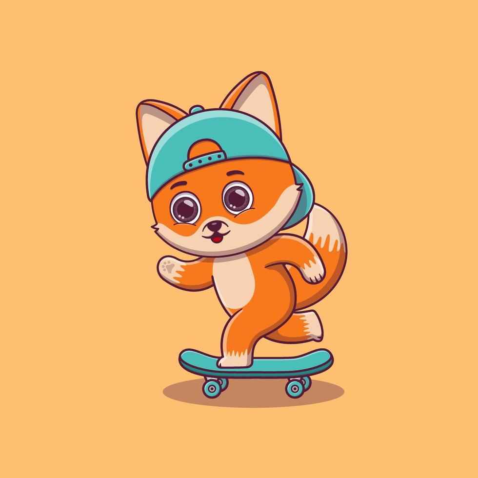 söt räv spelar skateboard tecknad serie vektor