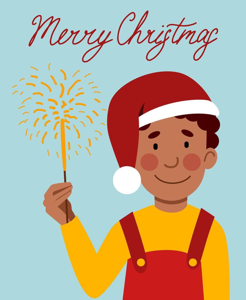 en vykort med en pojke i en santa claus hatt, innehav en sparkler i hans hand, och de inskrift glad jul. vektor
