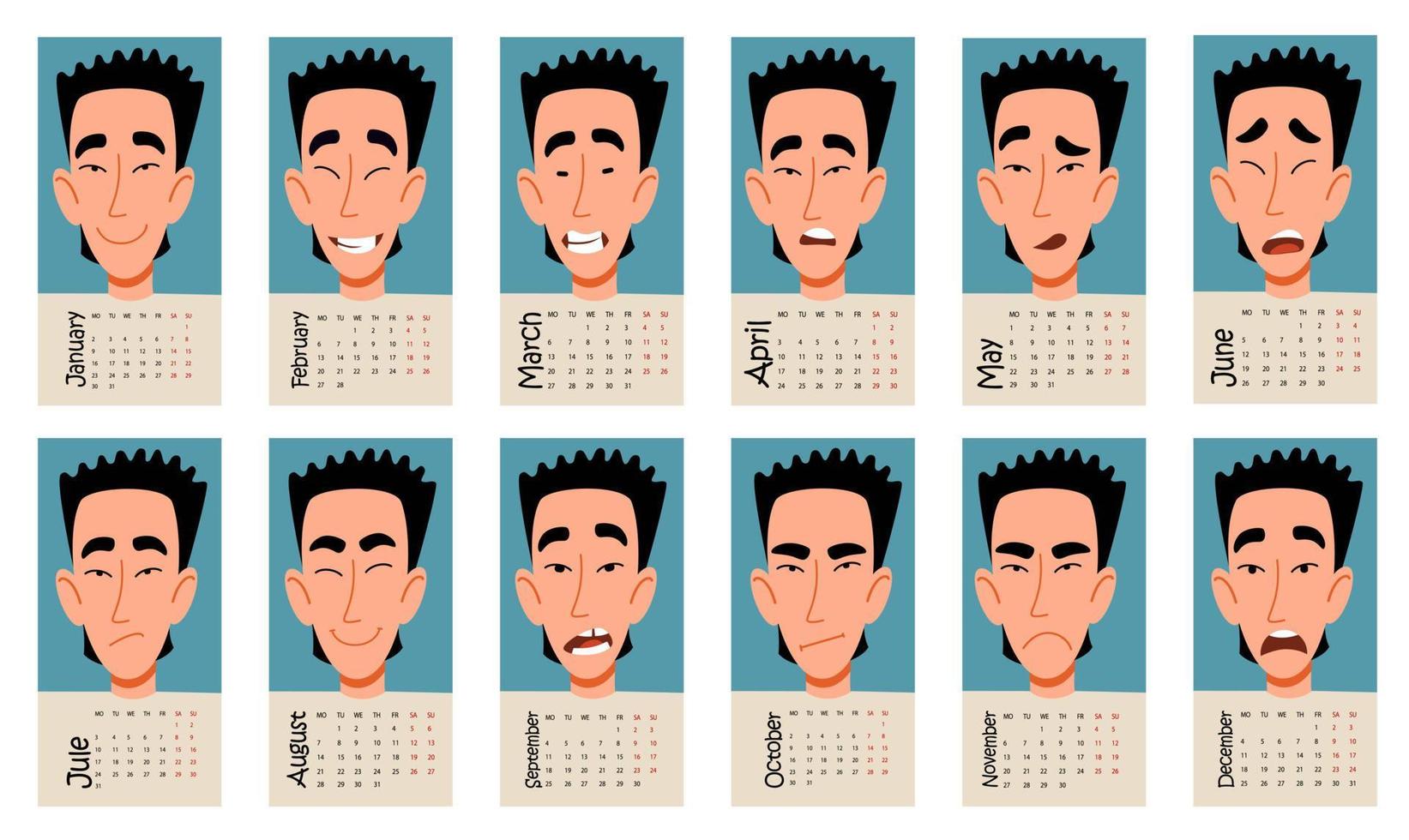 kalender für 2023 mit lustigen emotionen eines männlichen asiatischen charakters. Vektorillustration eines flachen Designs. vektor