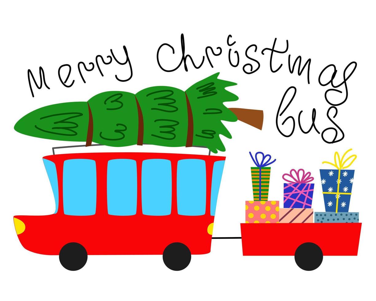 glad jul hälsning kort. röd jul buss med trailer, gran träd och gåvor. sida se. vektor