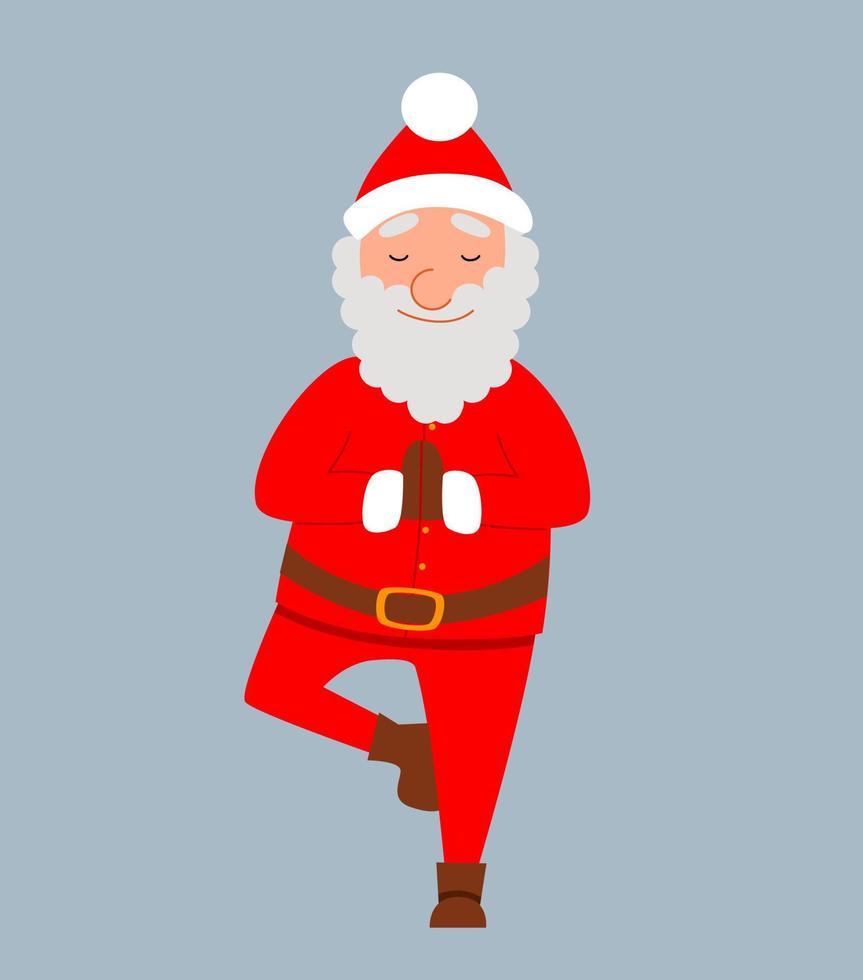 eine Szene mit einem dicken Weihnachtsmann, der Yoga macht. ein gesunder weihnachtscharakter in verschiedenen posen. Vektor-Illustration in einem flachen Stil, isoliert auf weißem Hintergrund. vektor