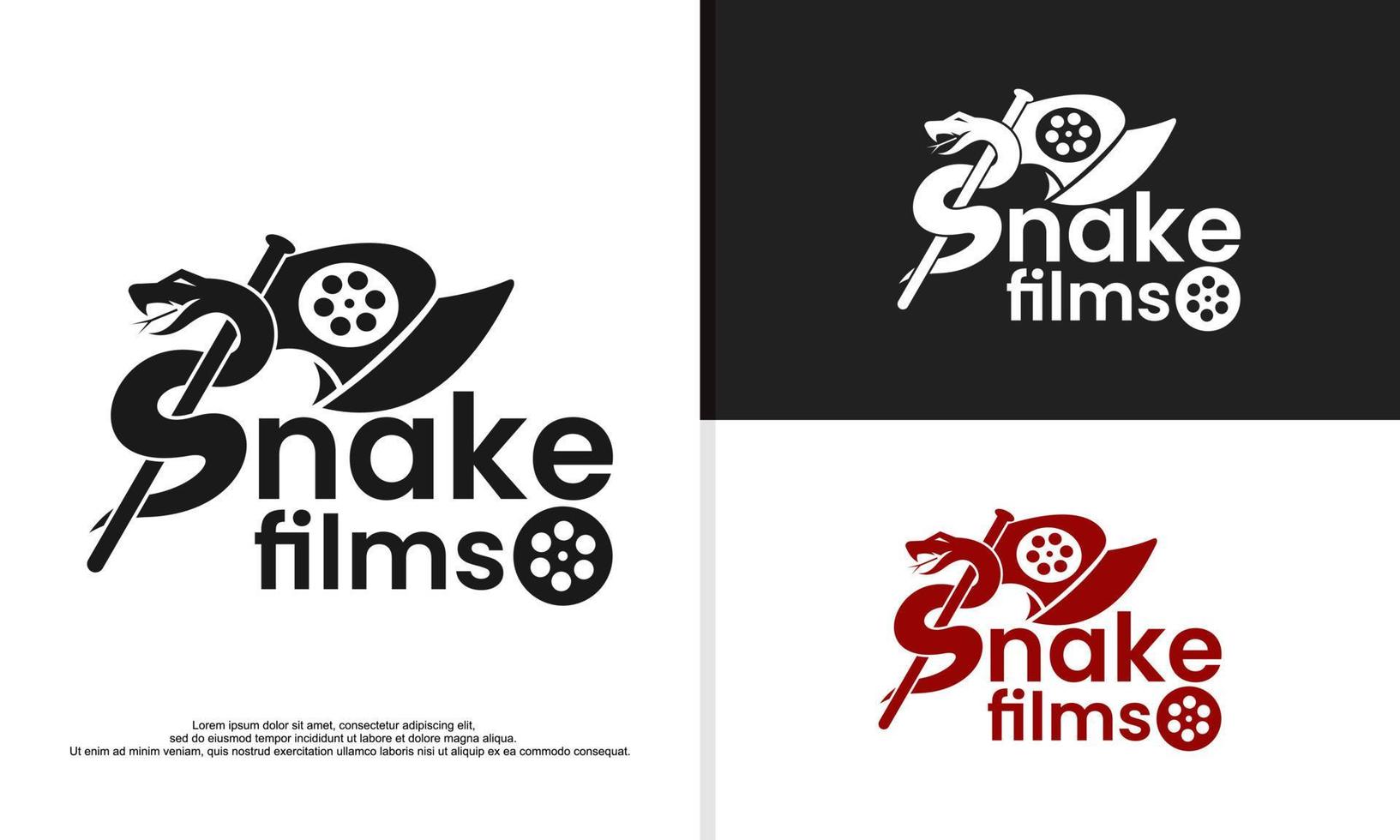 filmrolle mit schlangenlogo, filmkino-produktionslogodesign. vektor