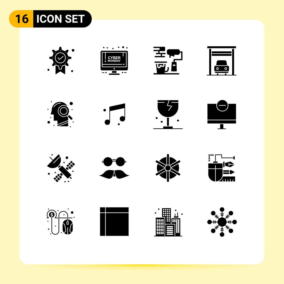 moderner Satz von 16 soliden Glyphen und Symbolen wie bearbeitbare Vektordesign-Elemente für Gedankenkopf-Pinsel-Transportautos vektor