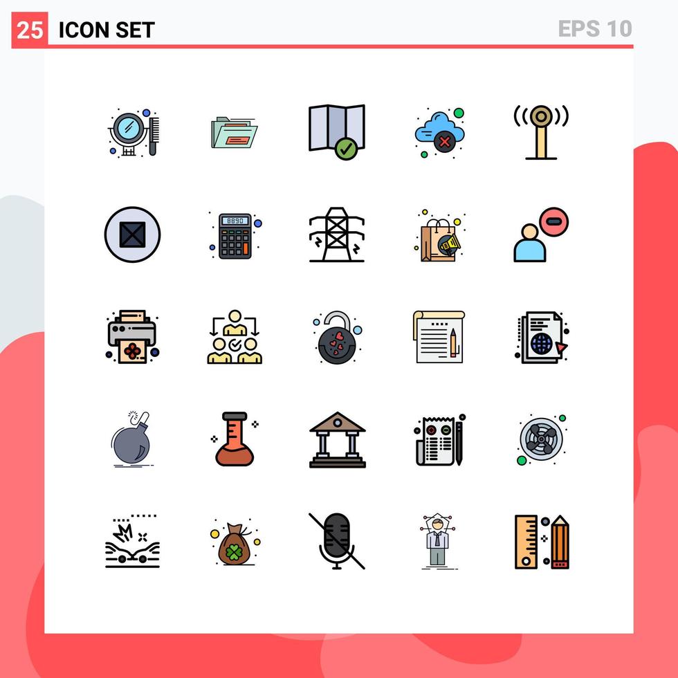 Gruppe von 25 modernen, gefüllten Linien-Flachfarben, die für WLAN-Service-Check im Speicher Cloud-Speicher editierbare Vektordesign-Elemente eingestellt sind vektor
