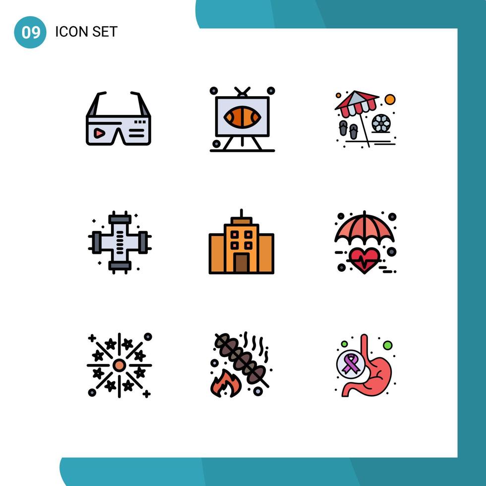 9 fylld linje platt Färg begrepp för webbplatser mobil och appar VVS rör sporter mekanisk semester redigerbar vektor design element