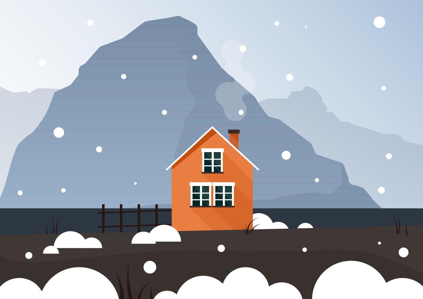 en ljus orange små hus står i de snö och Bakom de blå bergen vektor