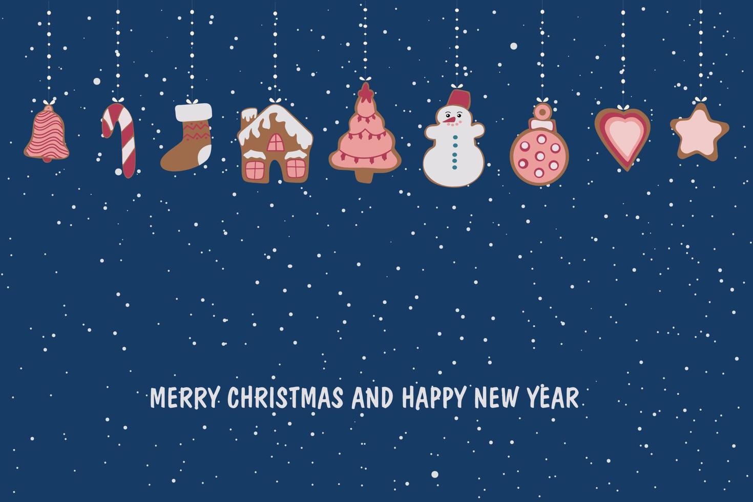 Neujahrskarte. Weihnachtsbaumspielzeug zum Aufhängen in Form von Ingwerplätzchen. frohes neues jahr und weihnachten. Vektor-Illustration isoliert auf blauem Hintergrund vektor