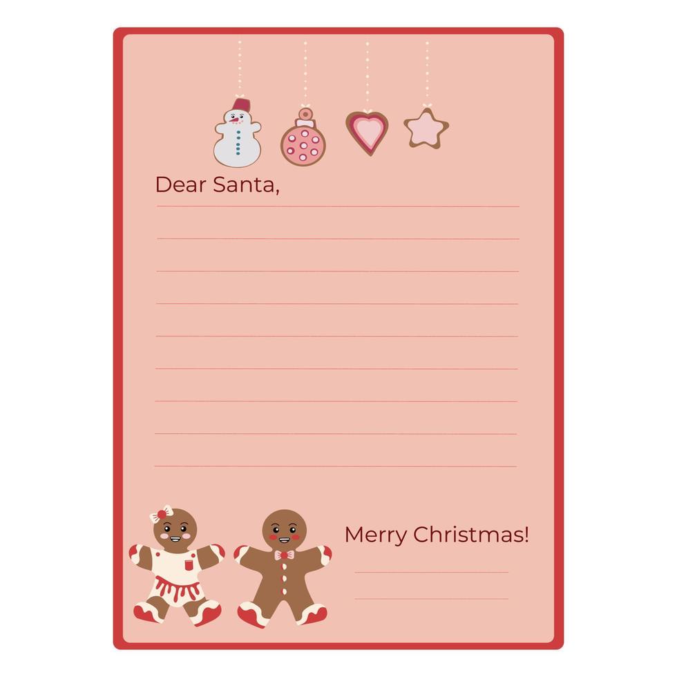 mall för en jul brev till santa claus. platt design. vektor illustration. dekorerad papper ark med pepparkaka