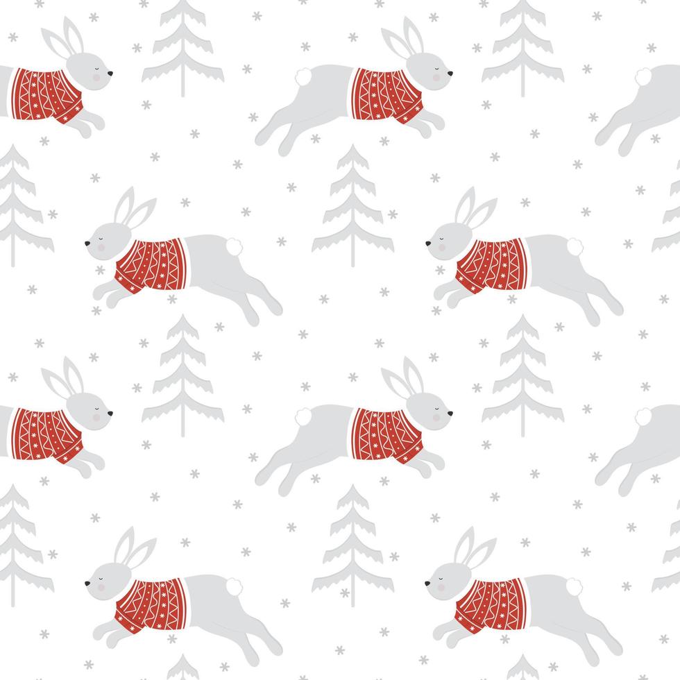 weihnachtsmuster 2023. lustiges kaninchen in einem pullover mit schneeflocken und baum. vektor