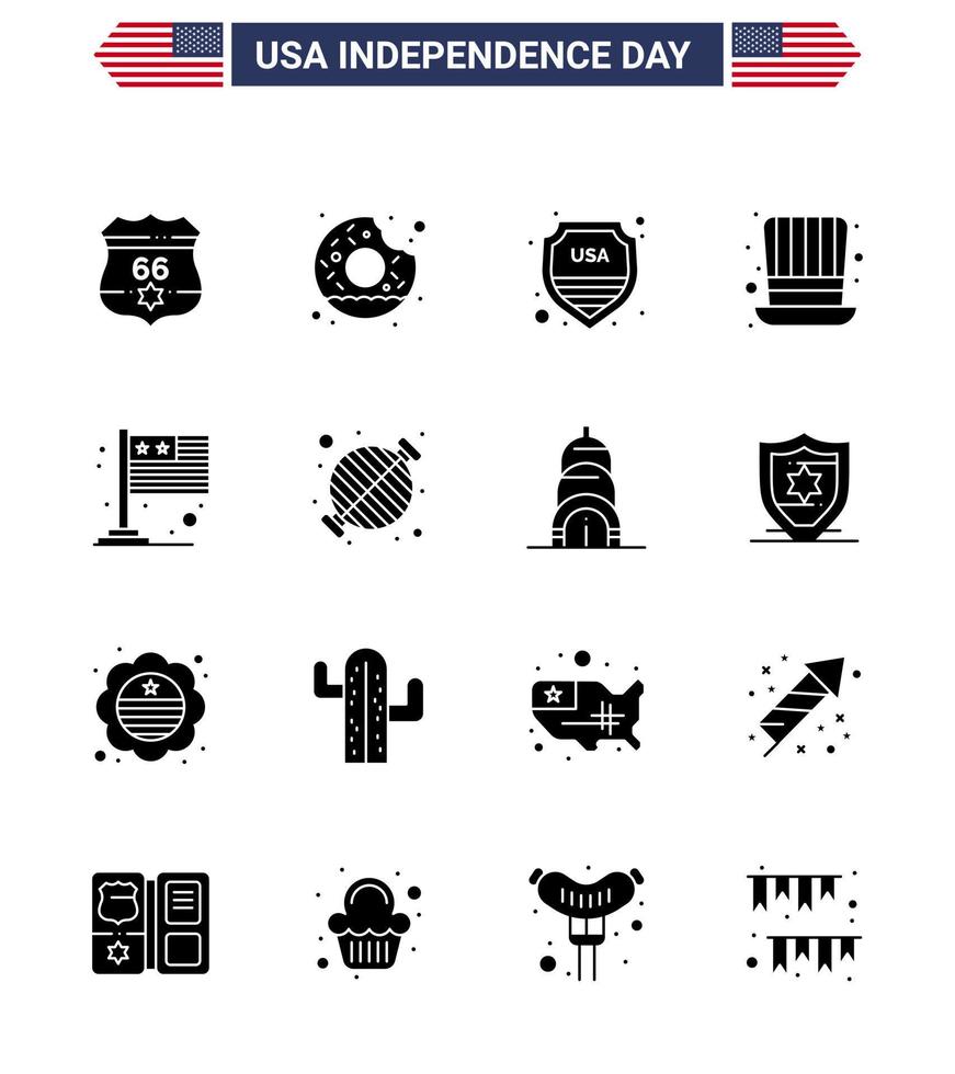 Packung mit 16 kreativen USA-Unabhängigkeitstag-bezogenen soliden Glyphen der Flagge USA-Sicherheitspräsidententag editierbare USA-Tag-Vektordesign-Elemente vektor