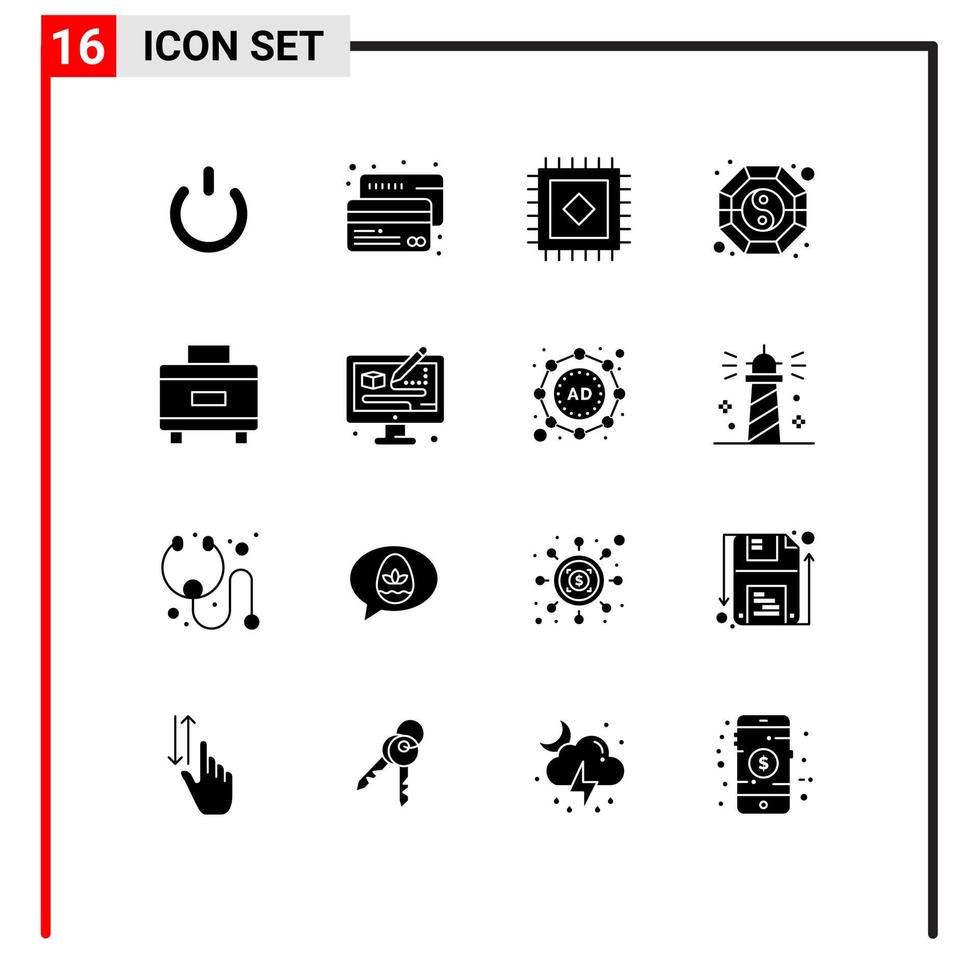 Solide Glyphenpackung mit 16 universellen Symbolen kreativer Kofferteppich-Urlaubs-Yang-bearbeitbare Vektordesign-Elemente vektor