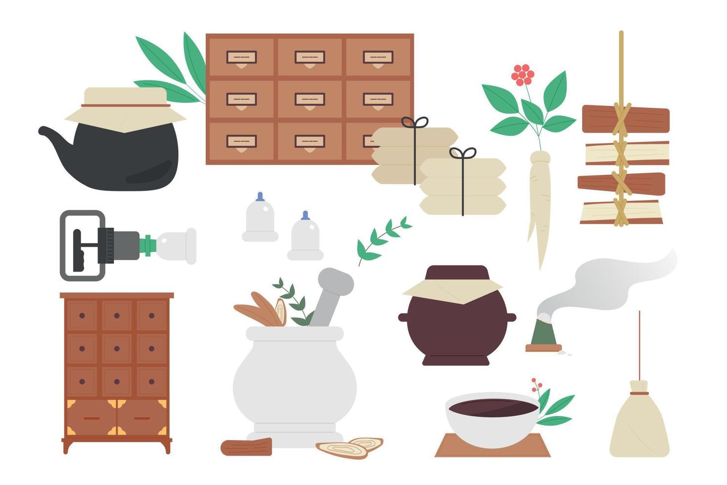 verktyg och medicinsk leveranser för orientalisk medicin tillverkning. platt vektor illustration.