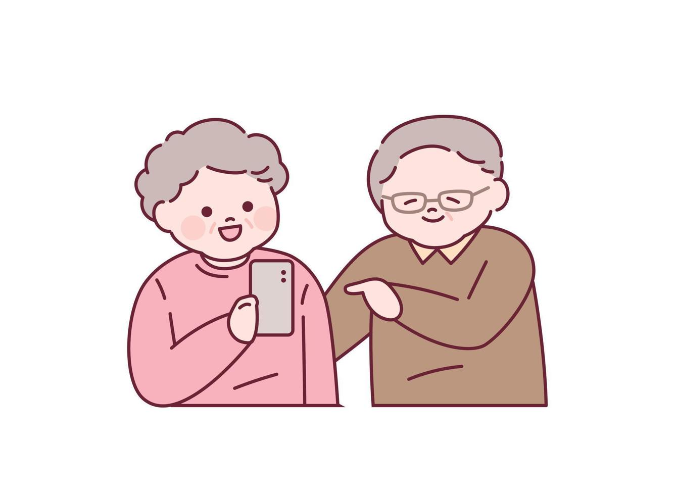 ett äldre par är har en konversation medan använder sig av en smartphone. översikt enkel vektor illustration.