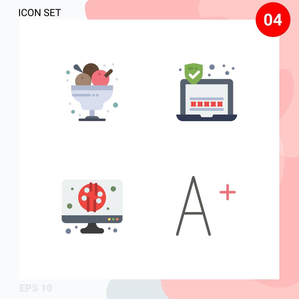 Benutzerschnittstellenpaket mit 4 grundlegenden flachen Symbolen der Café-Computer-Eiscreme-Sicherheitsschrift editierbare Vektordesign-Elemente vektor