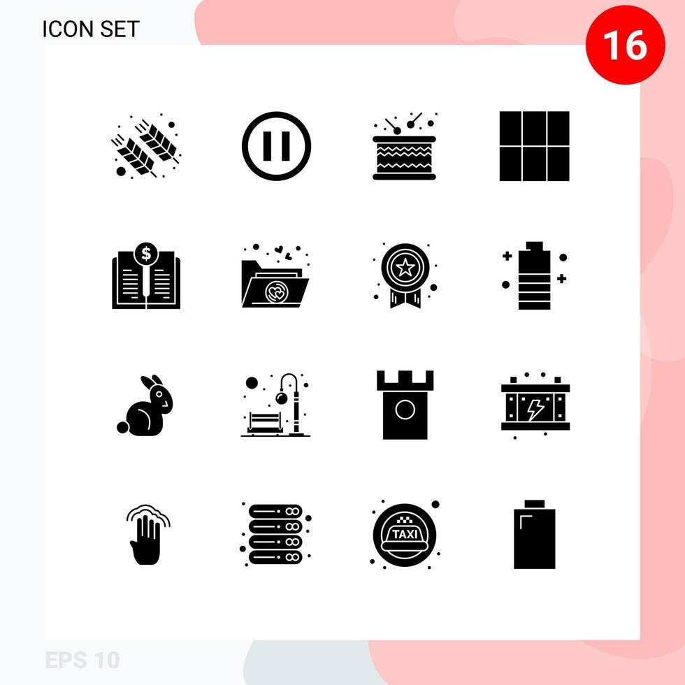 16 solides Glyphenkonzept für Websites, Mobilgeräte und Apps, Investitionsbuchwert, Trommelbuch, Raster, editierbare Vektordesign-Elemente vektor