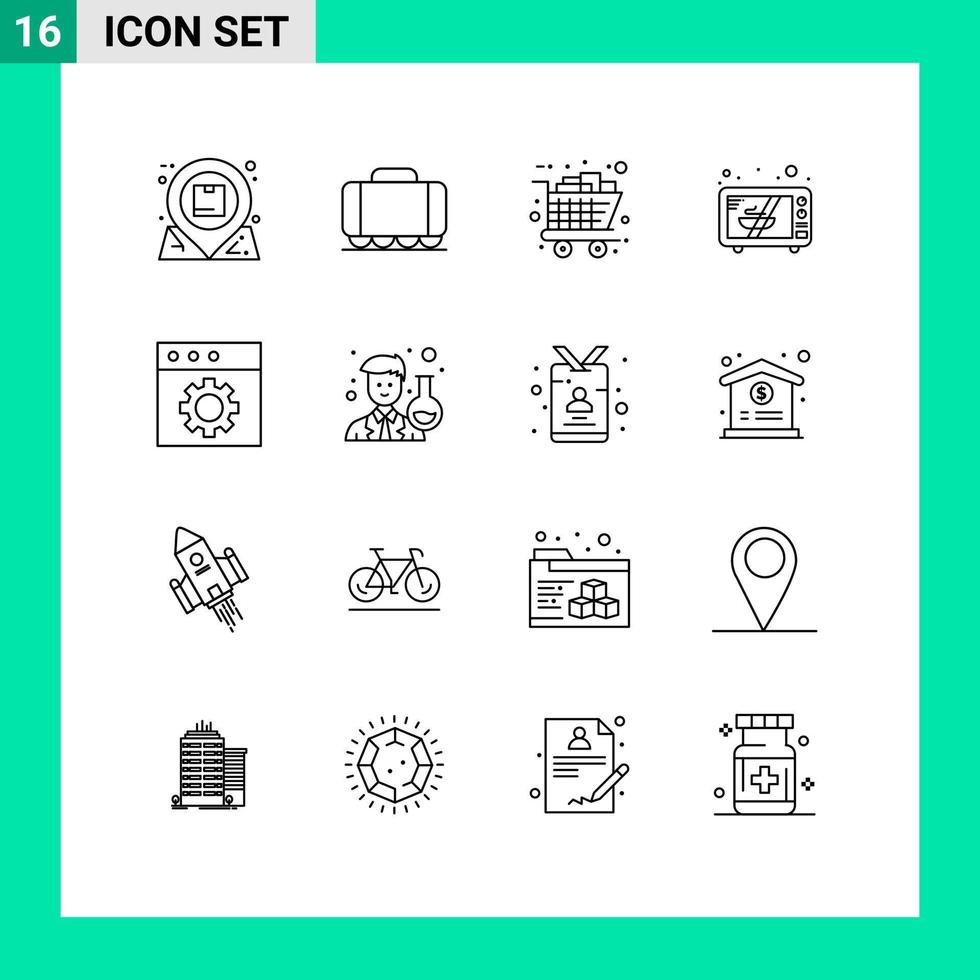 Gliederungssatz für mobile Schnittstellen mit 16 Piktogrammen von Mac-Ofengeschenken, Mikrowelleneinkäufen, editierbaren Vektordesignelementen vektor