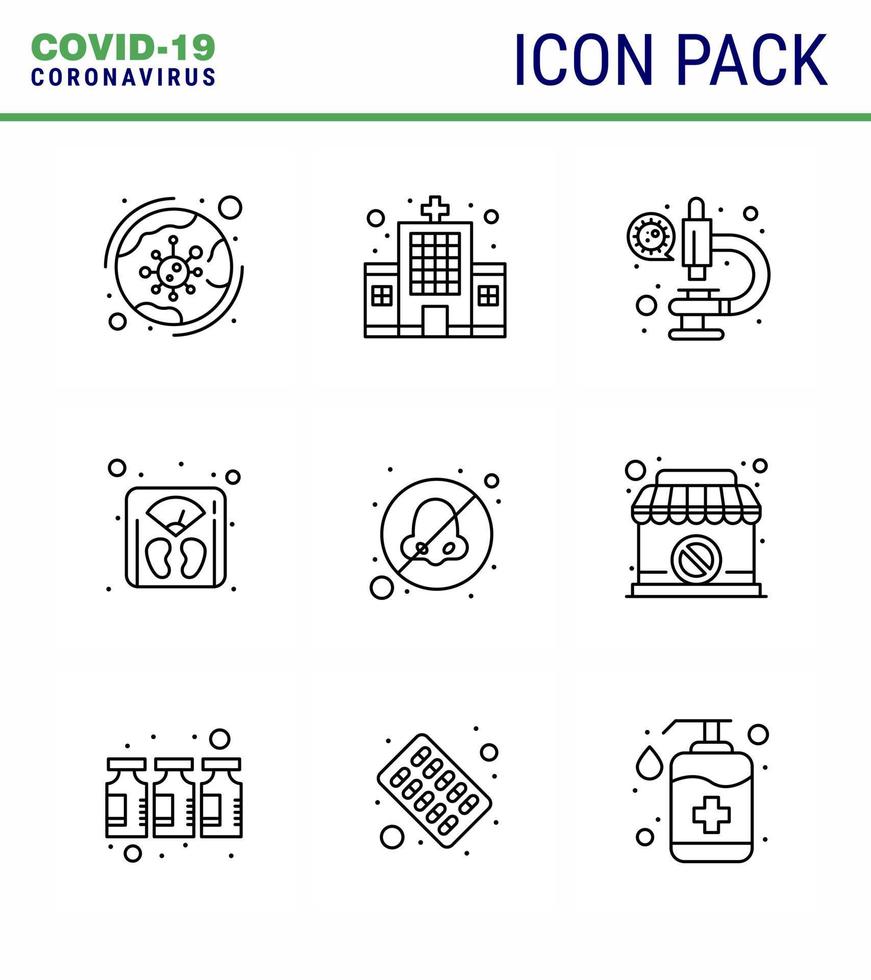 9-zeiliger Satz von Corona-Virus-Epidemie-Symbolen wie Atemgewicht Krankenhauswaage Virus virales Coronavirus 2019nov Krankheitsvektor-Designelemente vektor