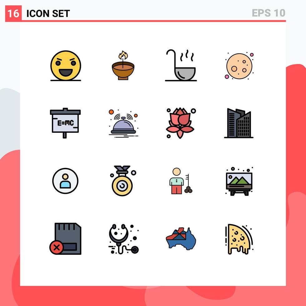 Packung mit 16 modernen, flachen, farbgefüllten Linien Zeichen und Symbolen für Web-Printmedien wie Planet Vollmond Diwali Löffel Küche editierbare kreative Vektordesign-Elemente vektor