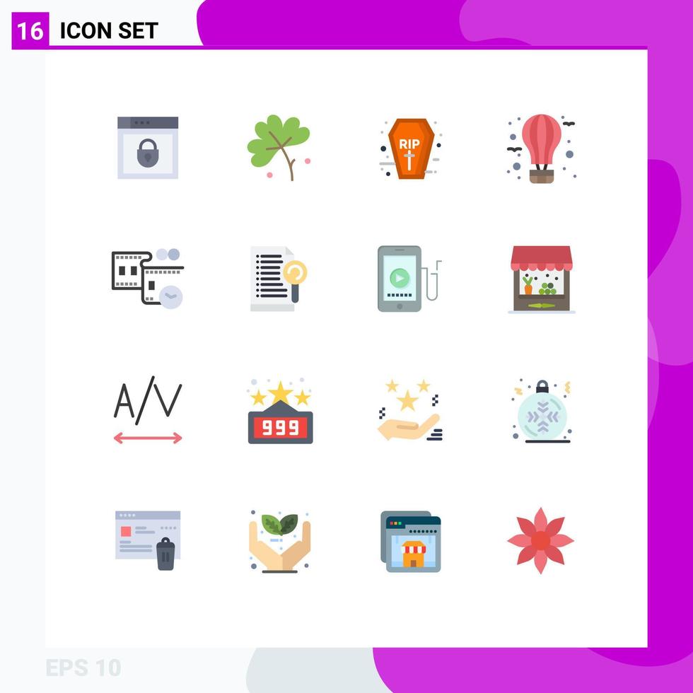 Stock Vektor Icon Pack mit 16 Zeilenzeichen und Symbolen für Filmrolle heißer Sarg fliegende Luft editierbare Packung kreativer Vektordesign-Elemente