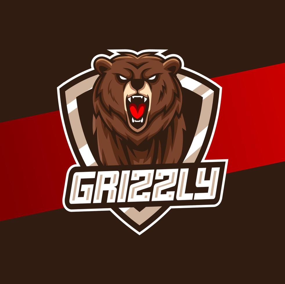 arg grizzly huvud, maskot esport logotyp design för gamer och sport vektor