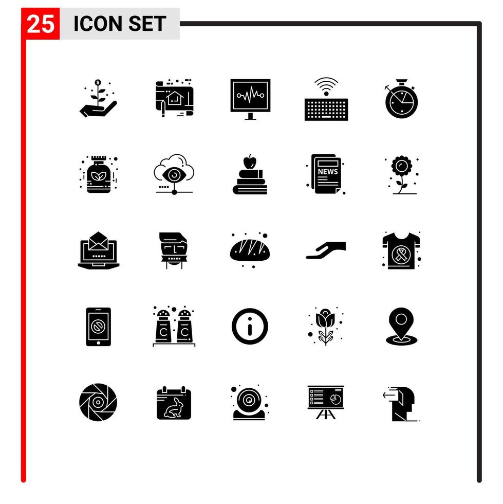 uppsättning av 25 kommersiell fast glyfer packa för klocka mäta hjärtslag nycklar hårdvara redigerbar vektor design element
