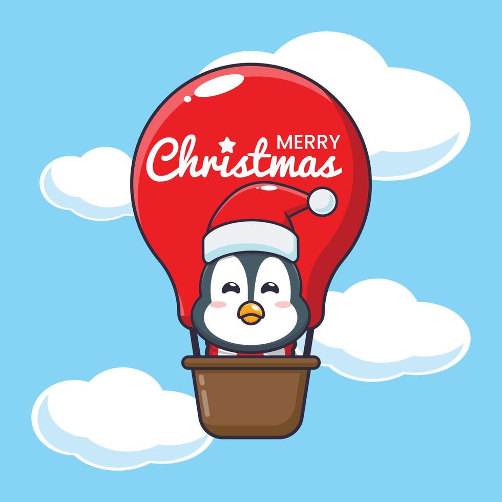 süße pinguinfliege mit luftballon. nette weihnachtskarikaturillustration. vektor