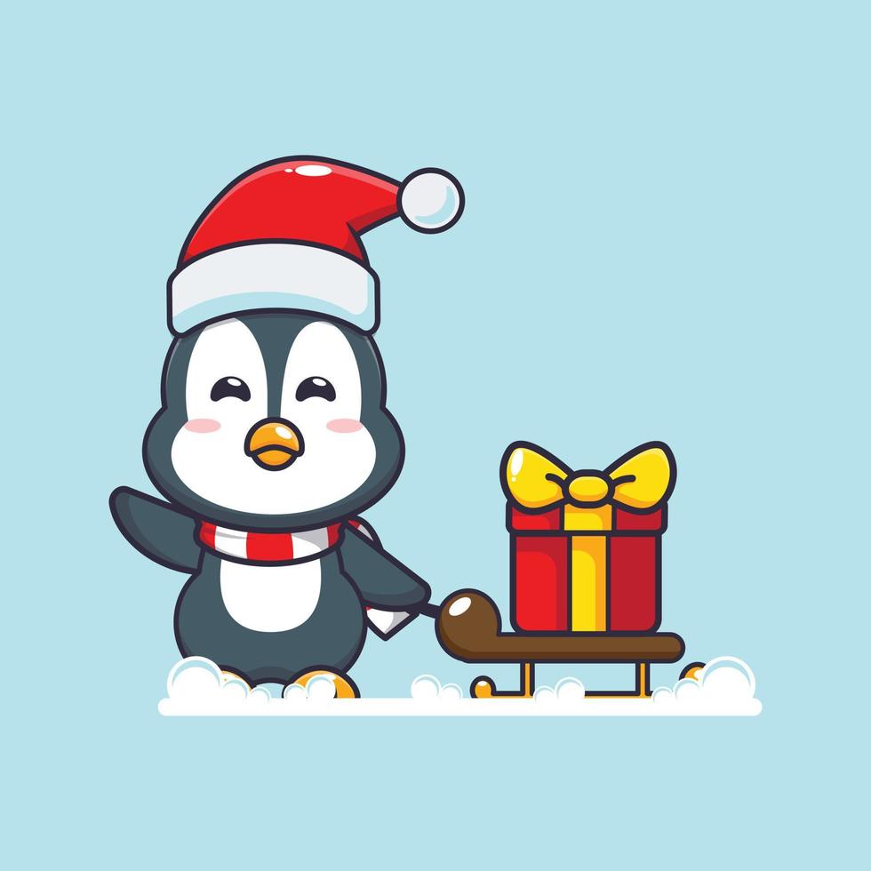 söt pingvin bärande jul gåva låda. söt jul tecknad serie illustration. vektor
