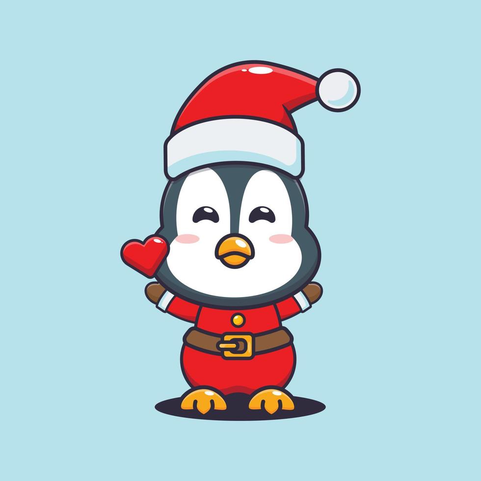 süßer Pinguin mit Weihnachtsmann-Kostüm. nette weihnachtskarikaturillustration. vektor