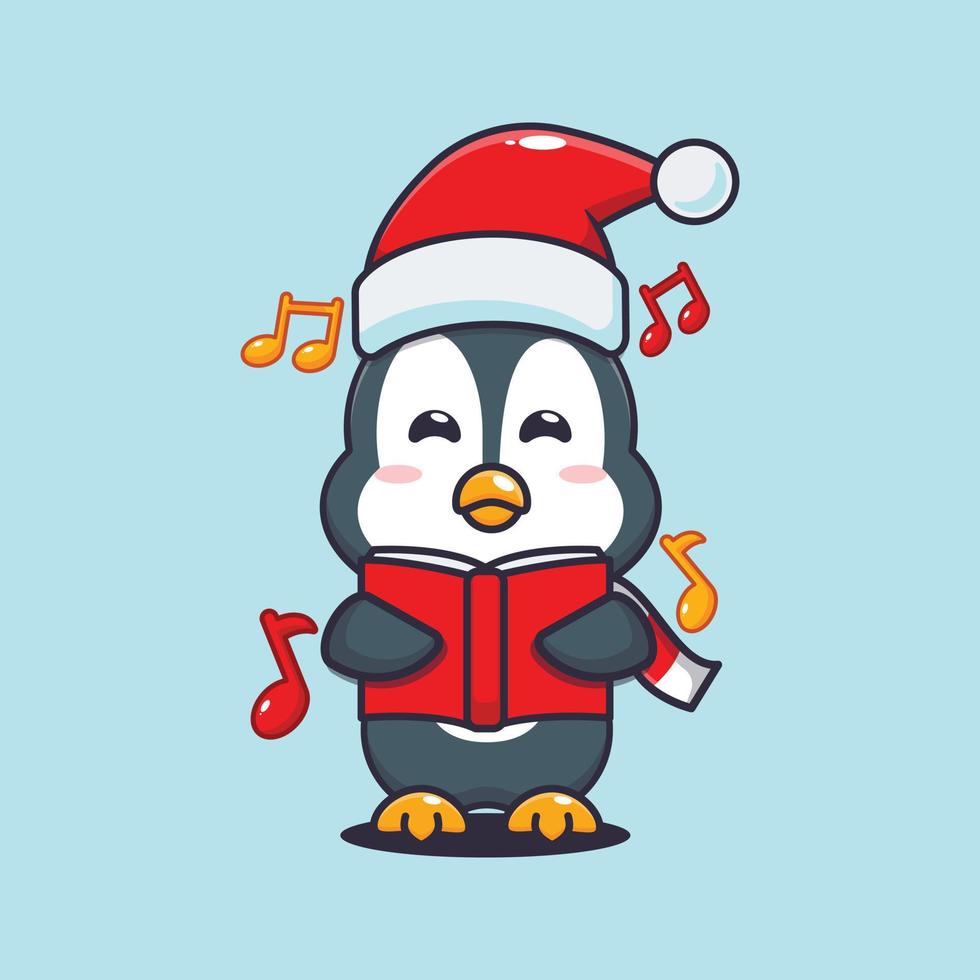 Süßer Pinguin singt ein Weihnachtslied. nette weihnachtskarikaturillustration. vektor