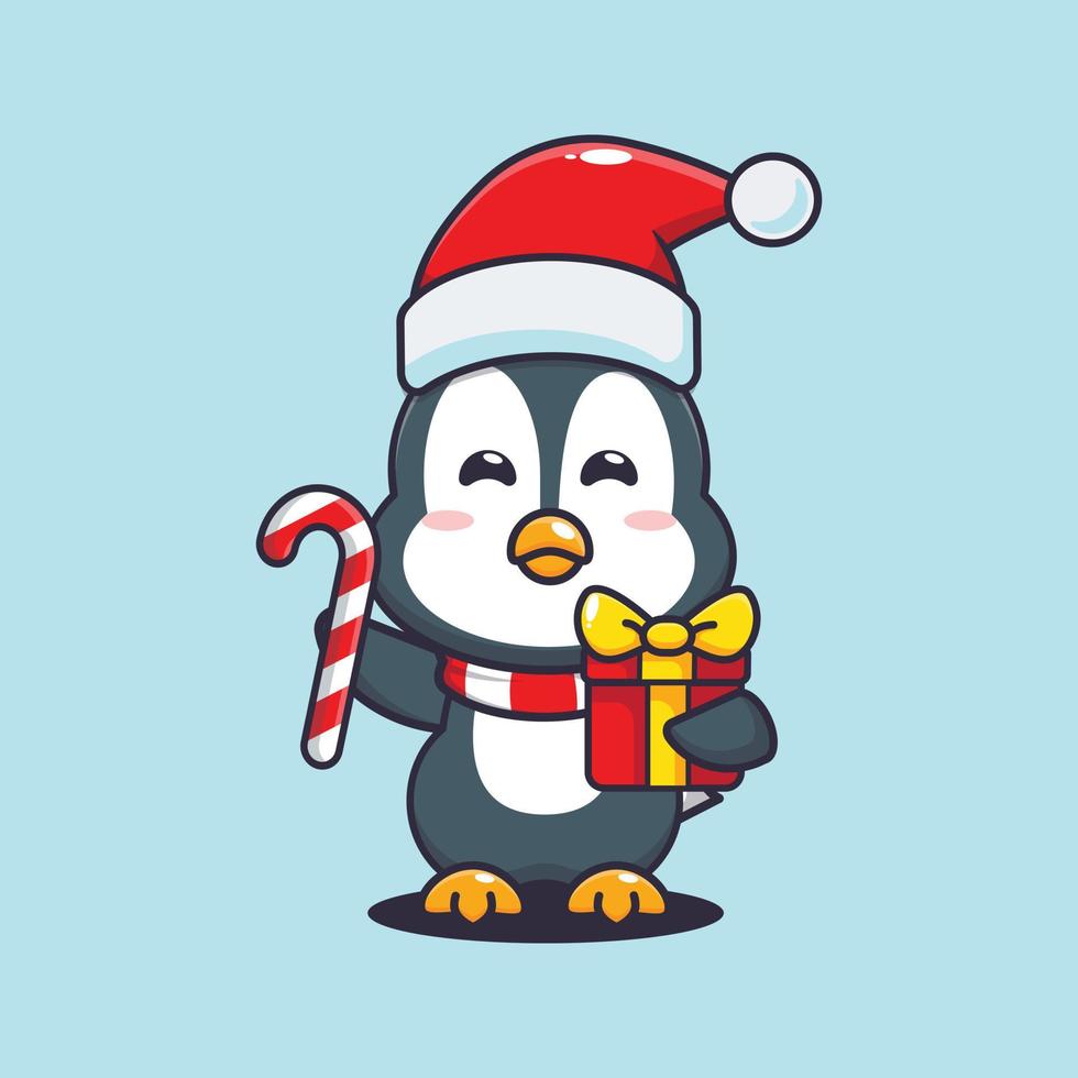 süßer pinguin, der weihnachtssüßigkeiten und geschenk hält. nette weihnachtskarikaturillustration. vektor