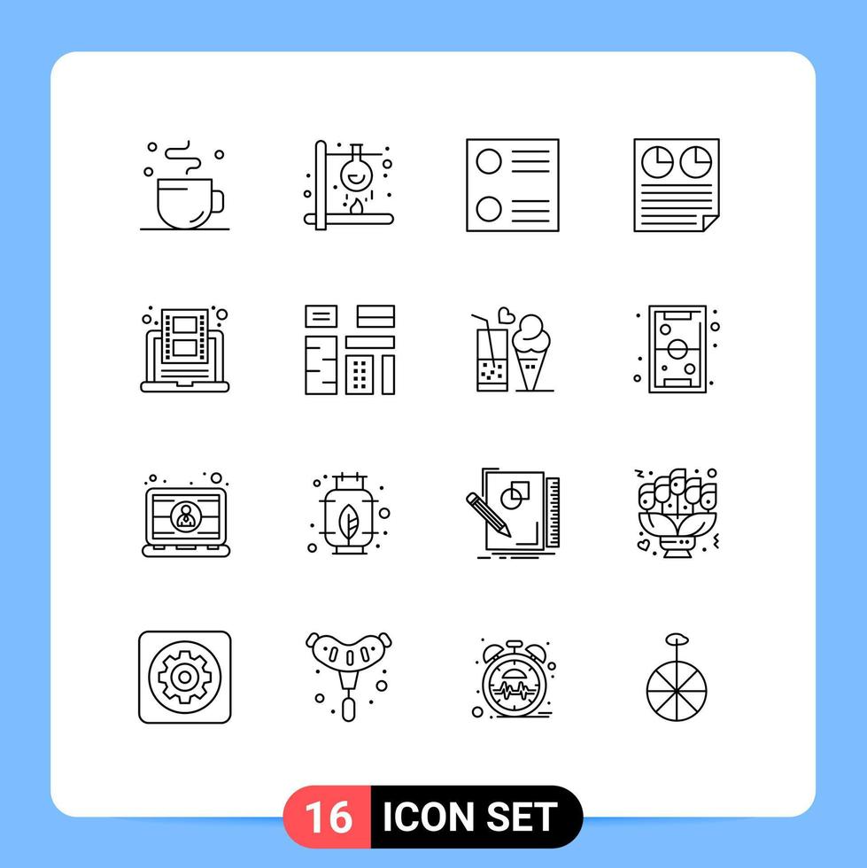 piktogram uppsättning av 16 enkel konturer av inlärning Rapportera vetenskap paj dokumentera redigerbar vektor design element