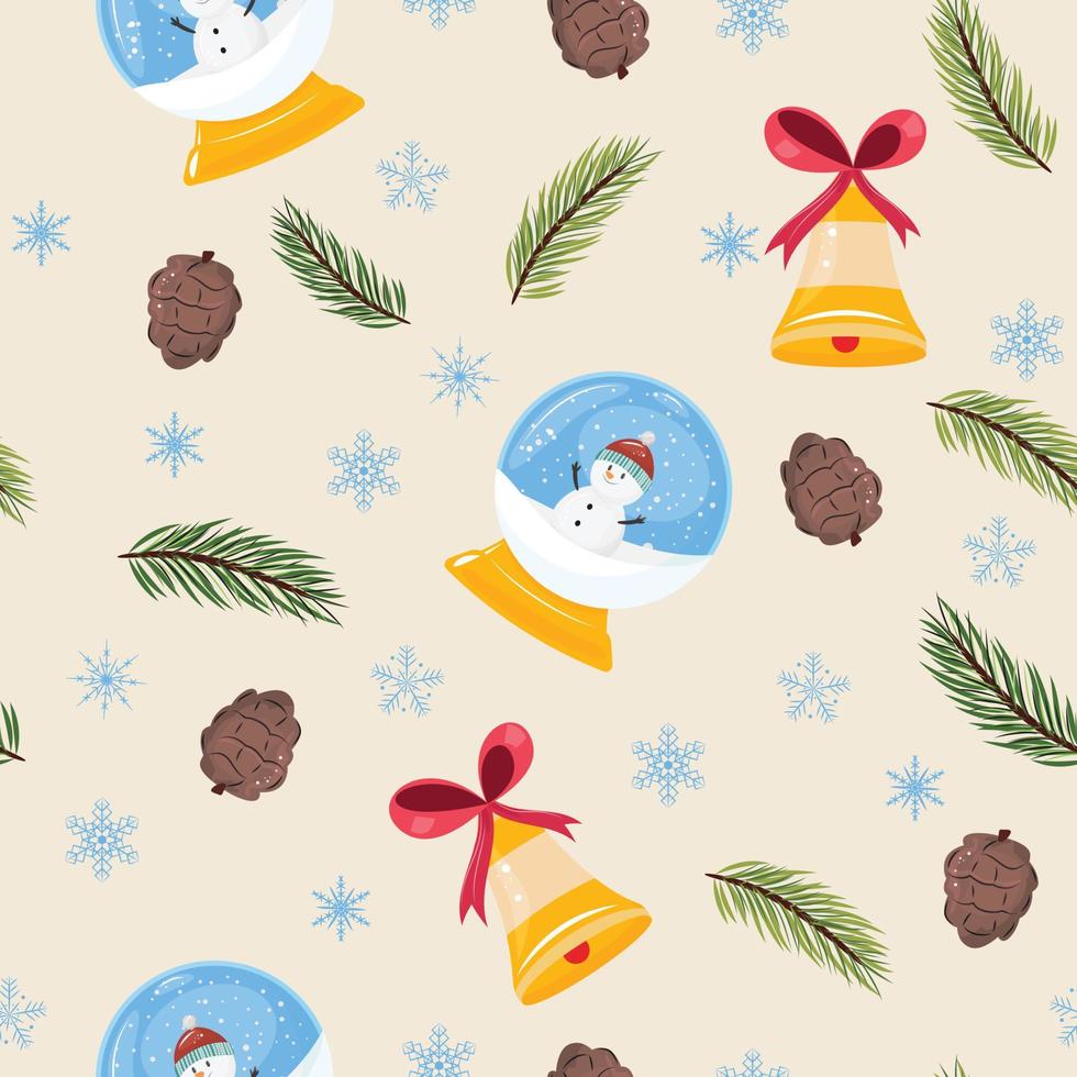 Winternahtloses Muster mit Schneekugel, Schneemann, Tannenzweigen, Tannenzapfen, guter Glocke und Schneeflocken. vektor
