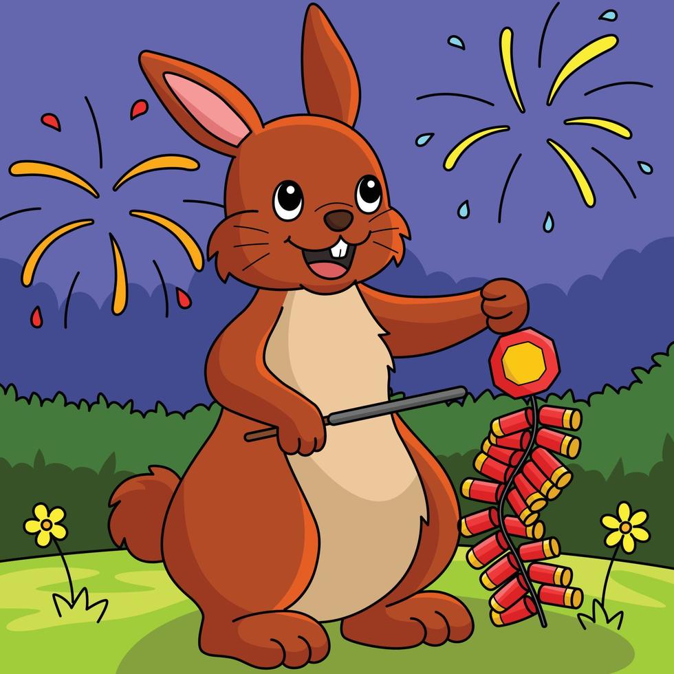 kaninchen, das feuerwerk hält, farbige karikatur vektor