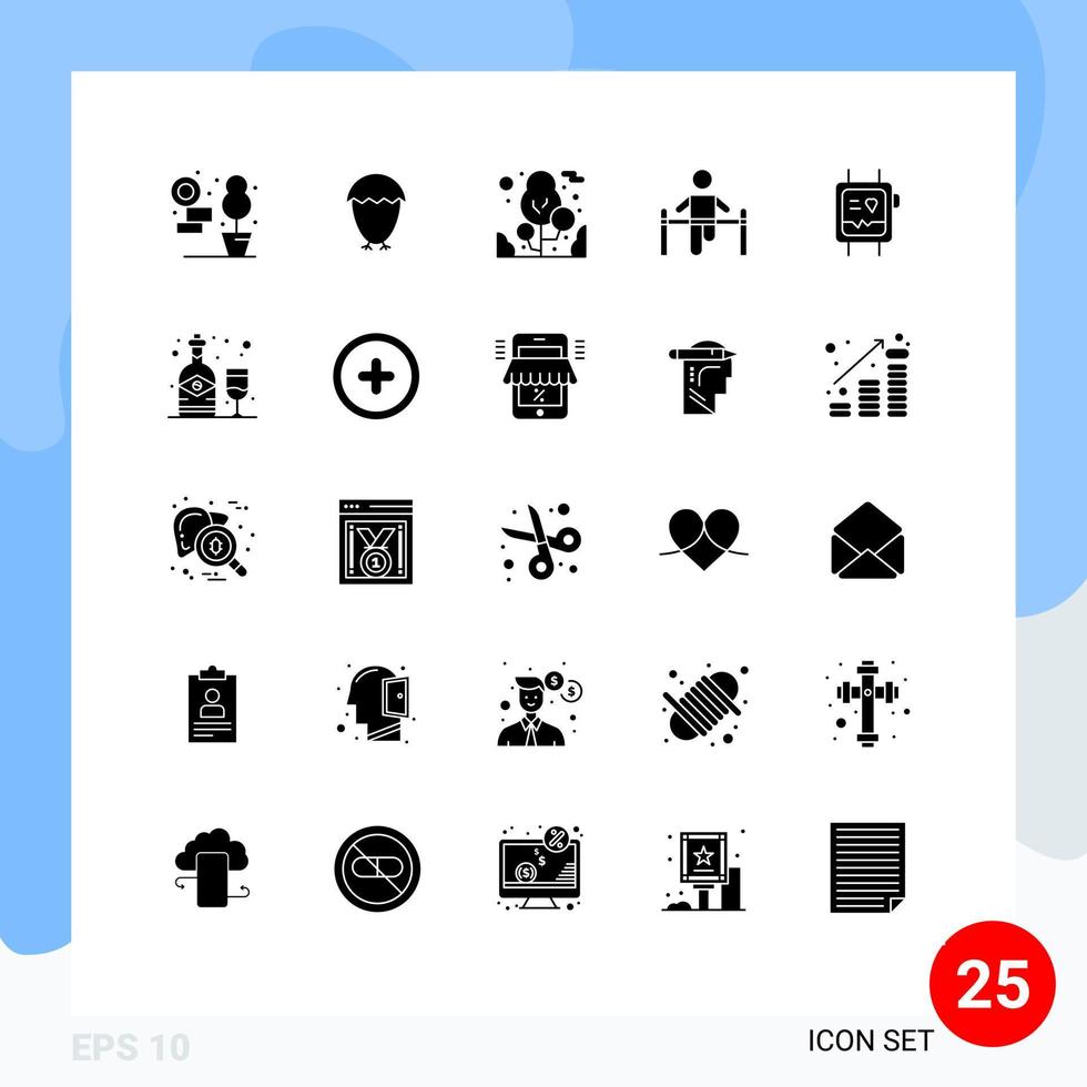 modern uppsättning av 25 fast glyfer och symboler sådan som övervaka passa band träd man gymnastiska redigerbar vektor design element