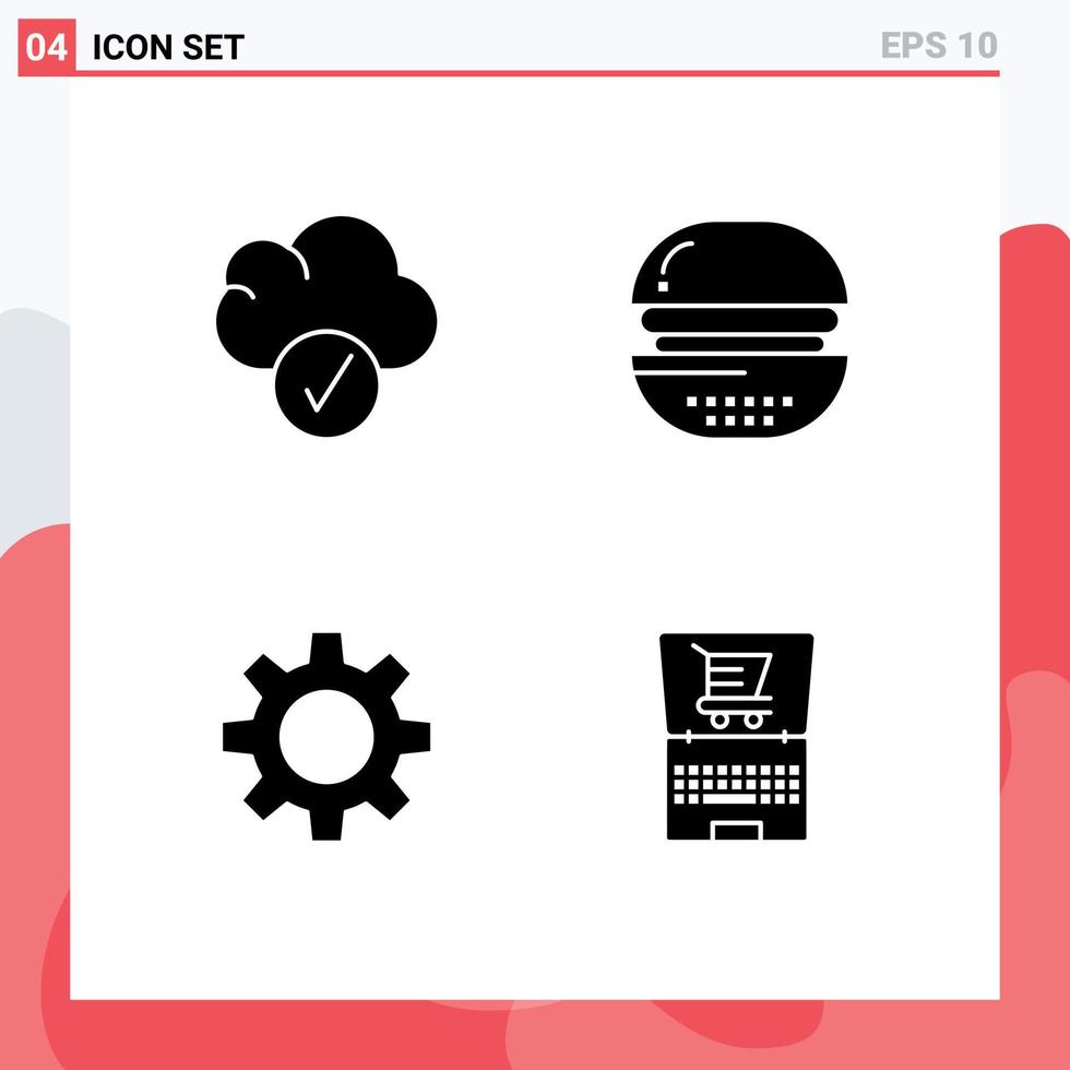 Piktogrammsatz aus 4 einfachen soliden Glyphen von Cloud-Setting-Burger-Essen online bearbeitbare Vektordesign-Elemente vektor