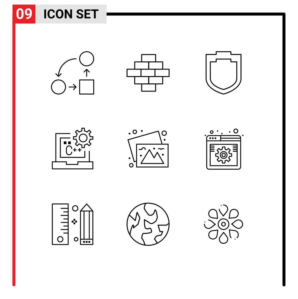 uppsättning av 9 modern ui ikoner symboler tecken för foton utveckling skydd utveckla koda redigerbar vektor design element