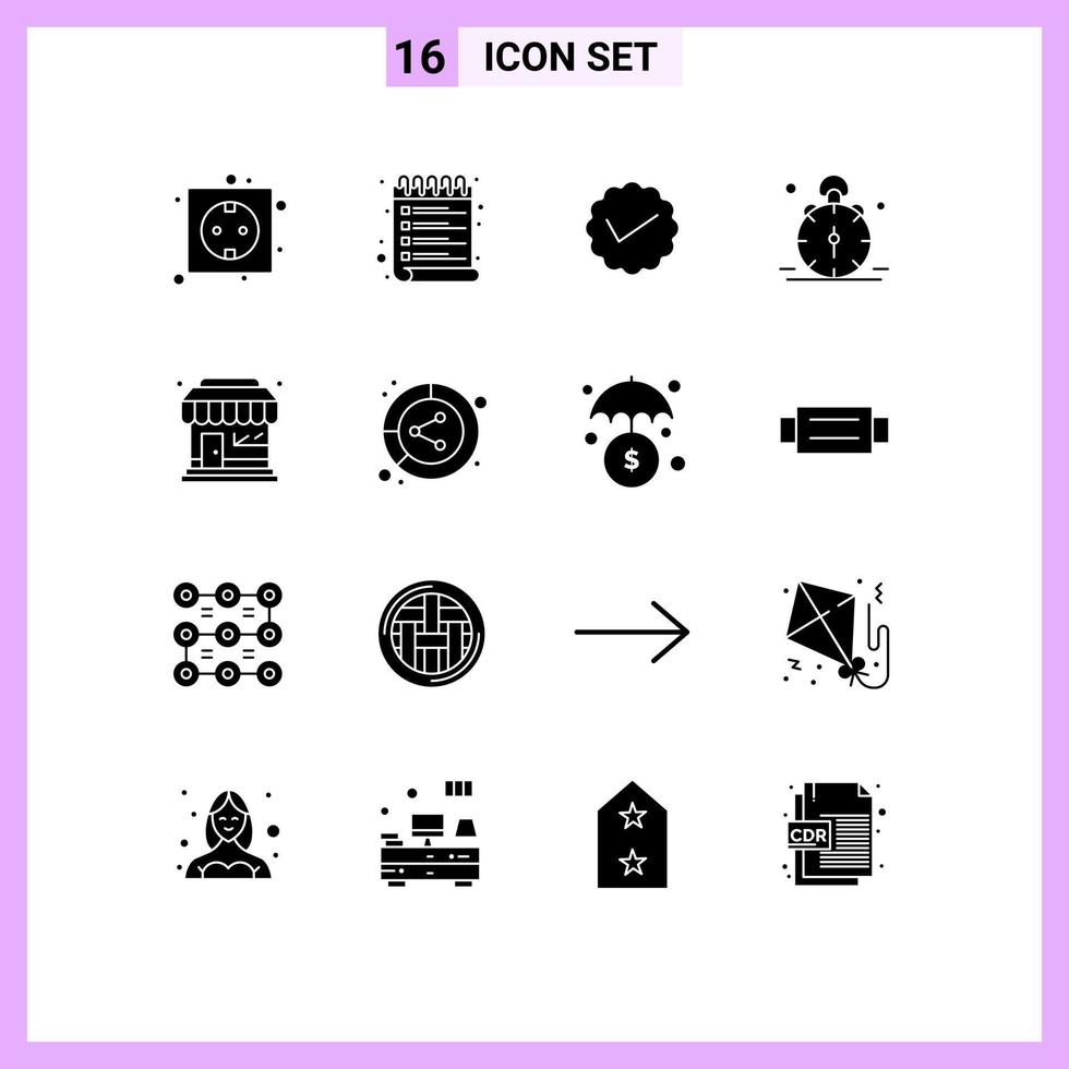 modern uppsättning av 16 fast glyfer pictograph av klocka klocka kolla upp lista larm social redigerbar vektor design element