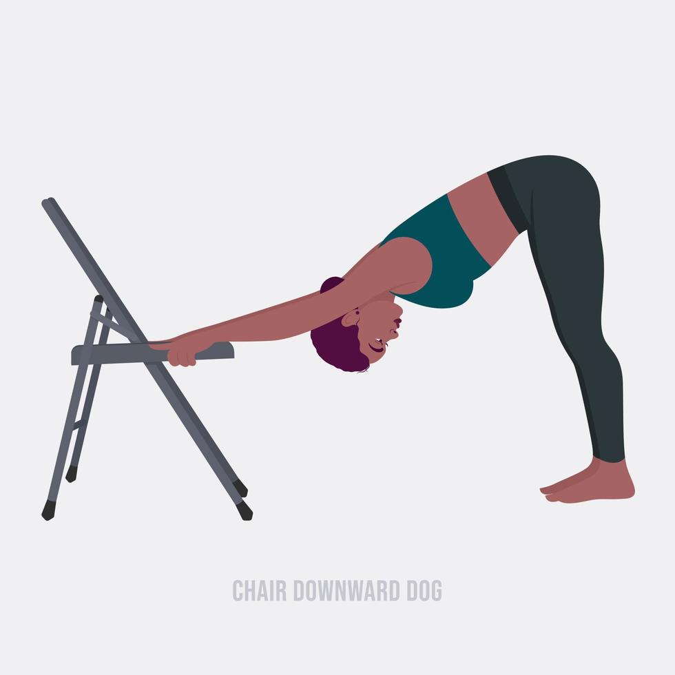 stol nedåt hund motion.kvinna håller på med kondition och yoga övningar med stol. vektor