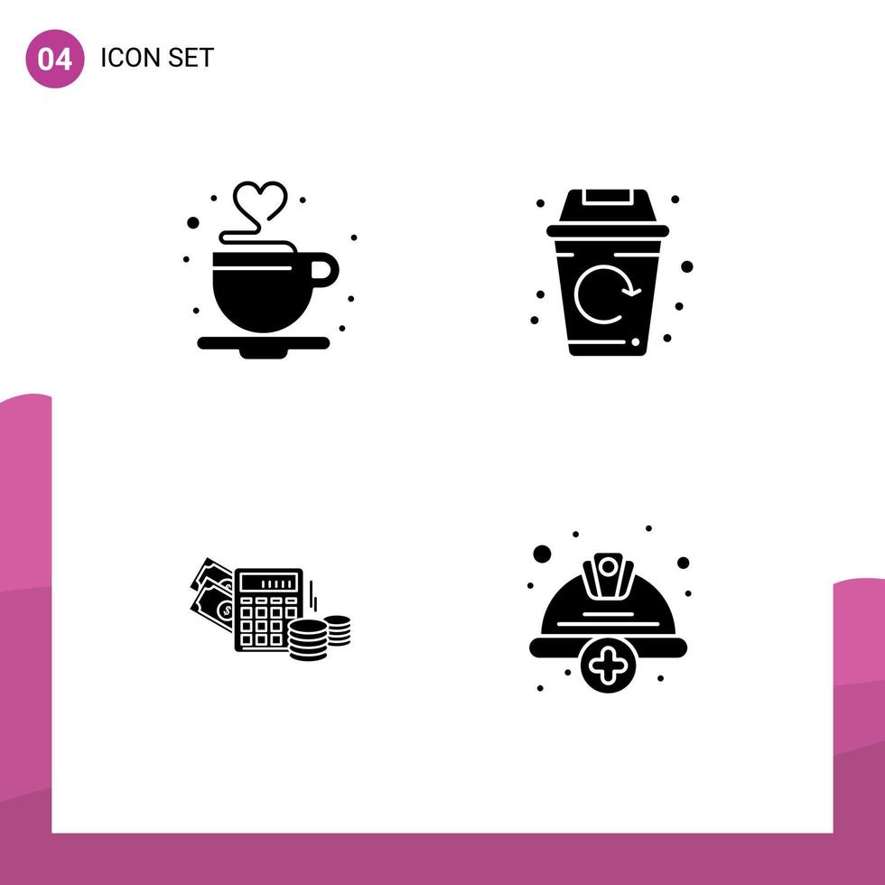 Piktogramm-Set aus 4 einfachen soliden Glyphen von Kaffee-Dollar-Tee-Müll-Balance editierbaren Vektor-Design-Elementen vektor