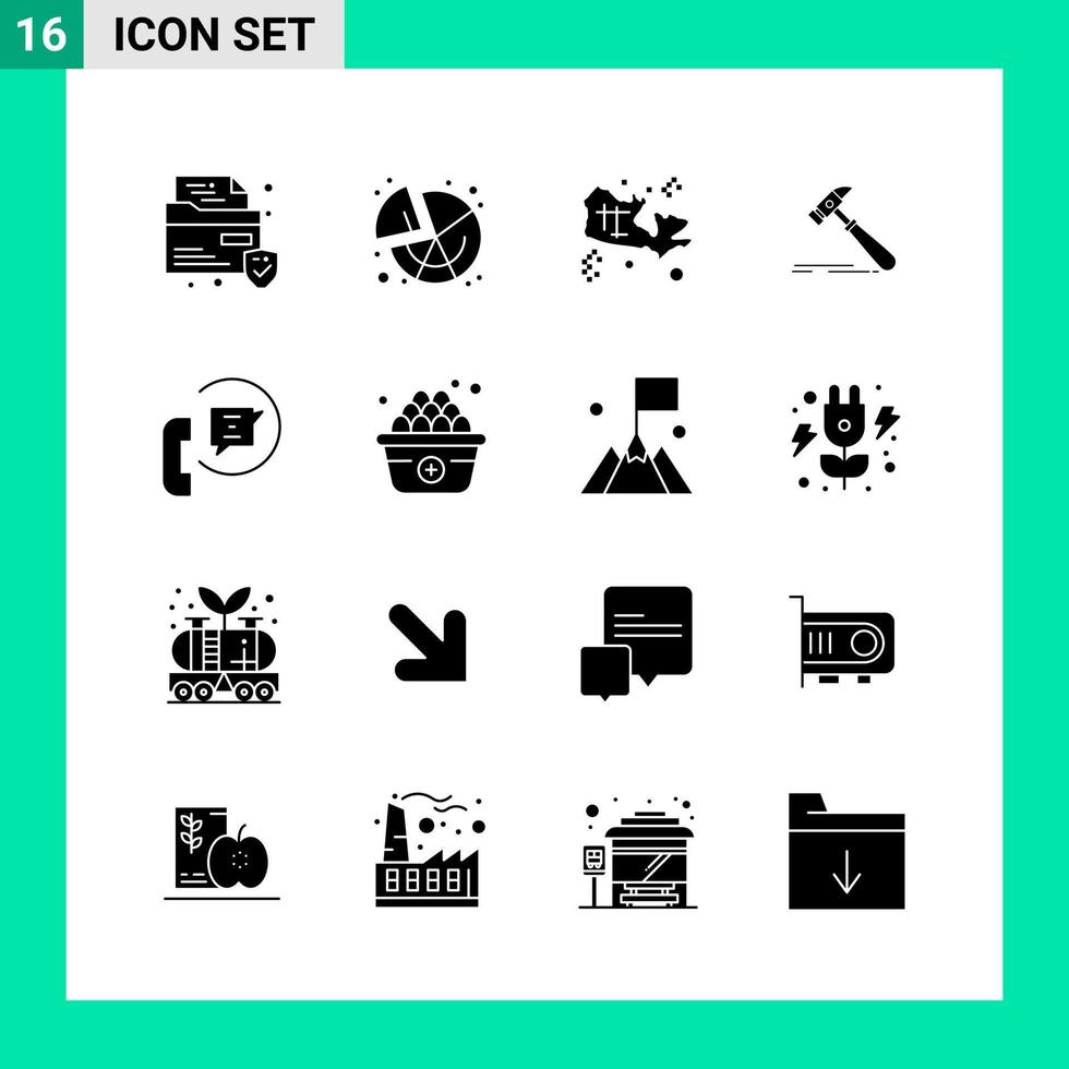 Packung mit 16 Symbolen im soliden Stil Glyphensymbole für den Druck kreativer Zeichen isoliert auf weißem Hintergrund 16 Symbolsatz vektor