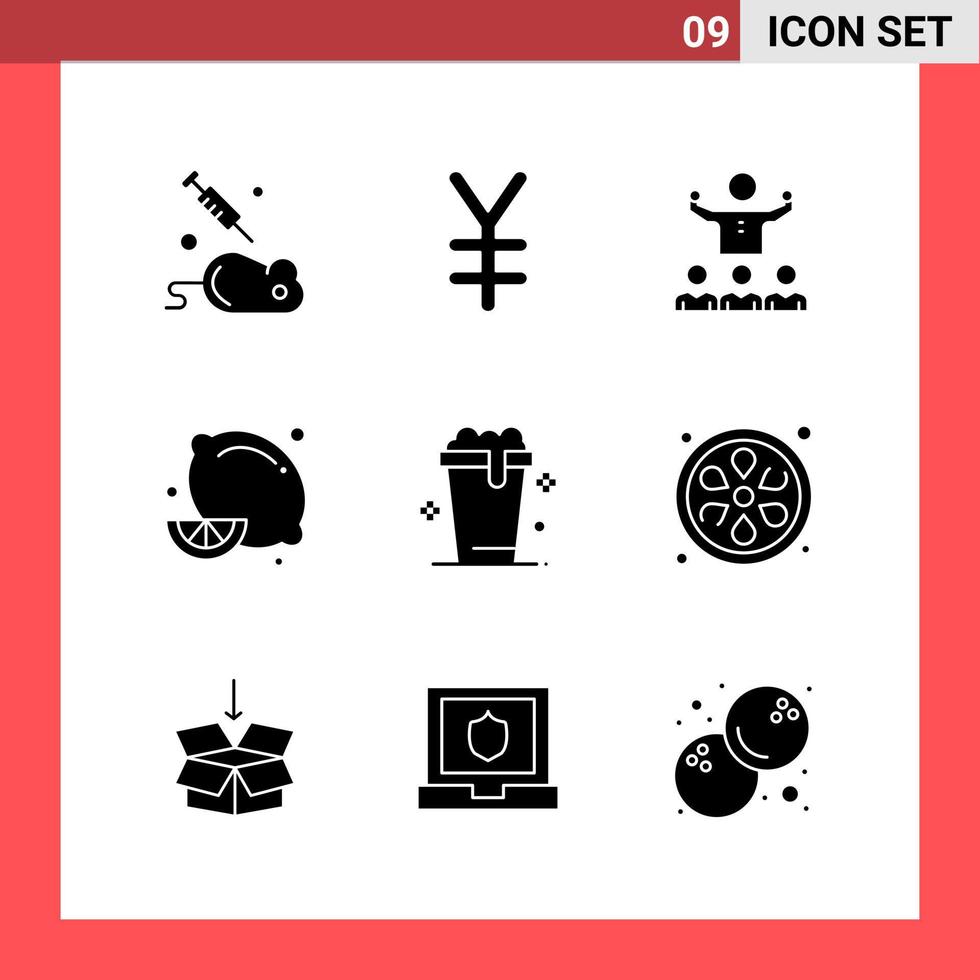 Glyphensymbole im soliden Stil mit 9 Symbolen auf weißem Hintergrund, einfache Zeichen für die allgemeine Gestaltung vektor