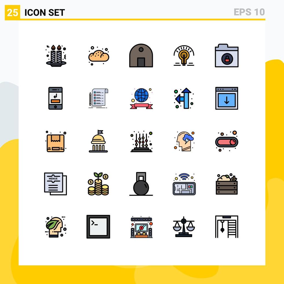 mobil gränssnitt fylld linje platt Färg uppsättning av 25 piktogram av kryptering ljus Glödlampa byggnad ljus verklig egendom redigerbar vektor design element