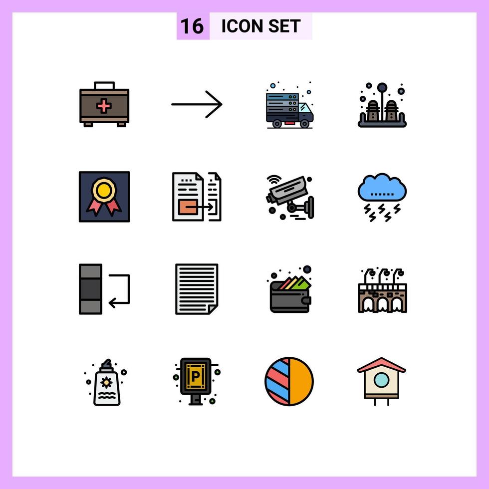 Gruppe von 16 flachen, farbgefüllten Linien Zeichen und Symbole für Datenmedaillen-Webserver-Rahmenabzeichen editierbare kreative Vektordesign-Elemente vektor