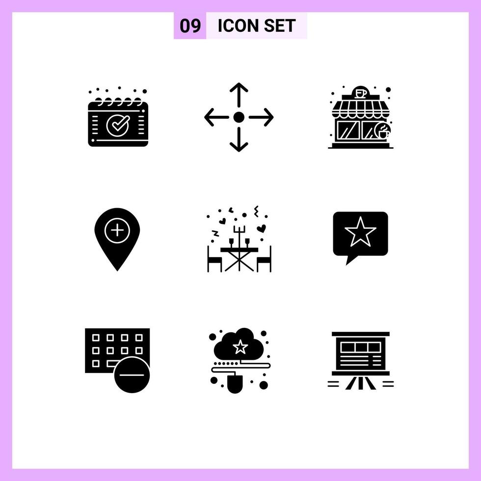 9 solides Glyphenkonzept für mobile Websites und Apps Tisch Restaurant Shop Abendessen Marker editierbare Vektordesign-Elemente vektor