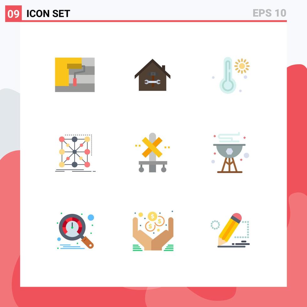 moderner Satz von 9 flachen Farbpiktogrammen komplexer App-Hammer-Framework-Wetter editierbarer Vektordesign-Elemente vektor