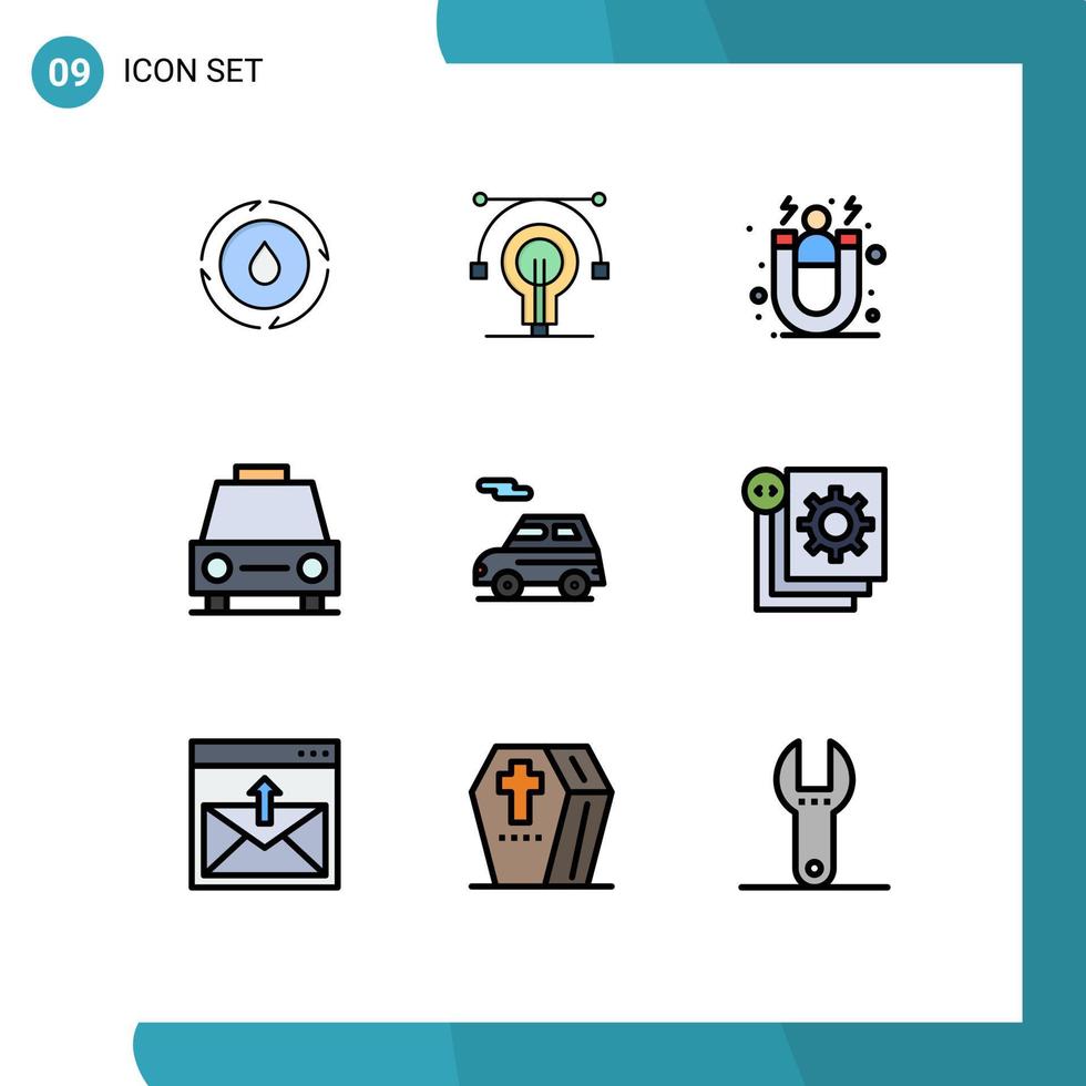 mobil gränssnitt fylld linje platt Färg uppsättning av 9 piktogram av bil transport förvärv trafik bil redigerbar vektor design element