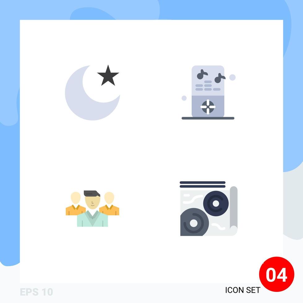 Packung mit 4 modernen flachen Symbolen, Zeichen und Symbolen für Web-Printmedien wie bearbeitbare Vektordesign-Elemente der Moon-Friendzone-iPod-Player-Karte vektor