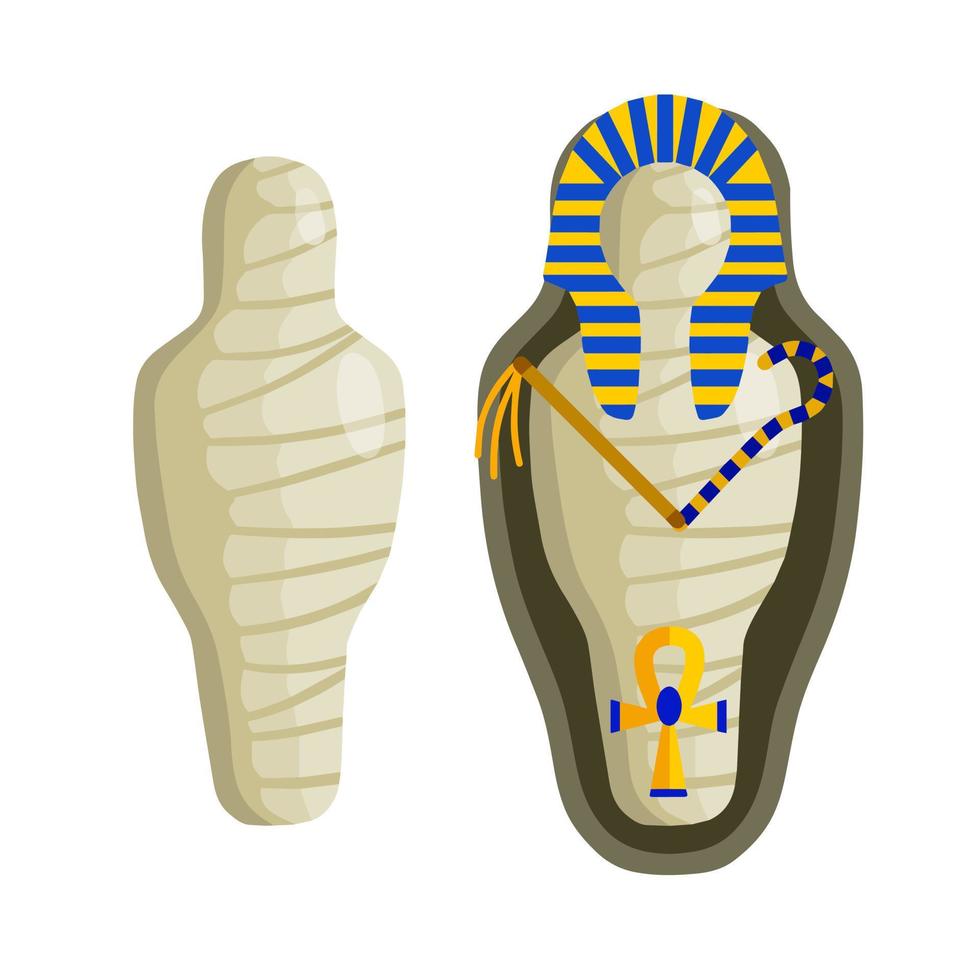 Mumie in einem Sarg. Sarkophag mit Körper. alter herrscher pharao von ägypten. Archäologie und die Leiche. Halloween-Monster. flache karikaturillustration vektor